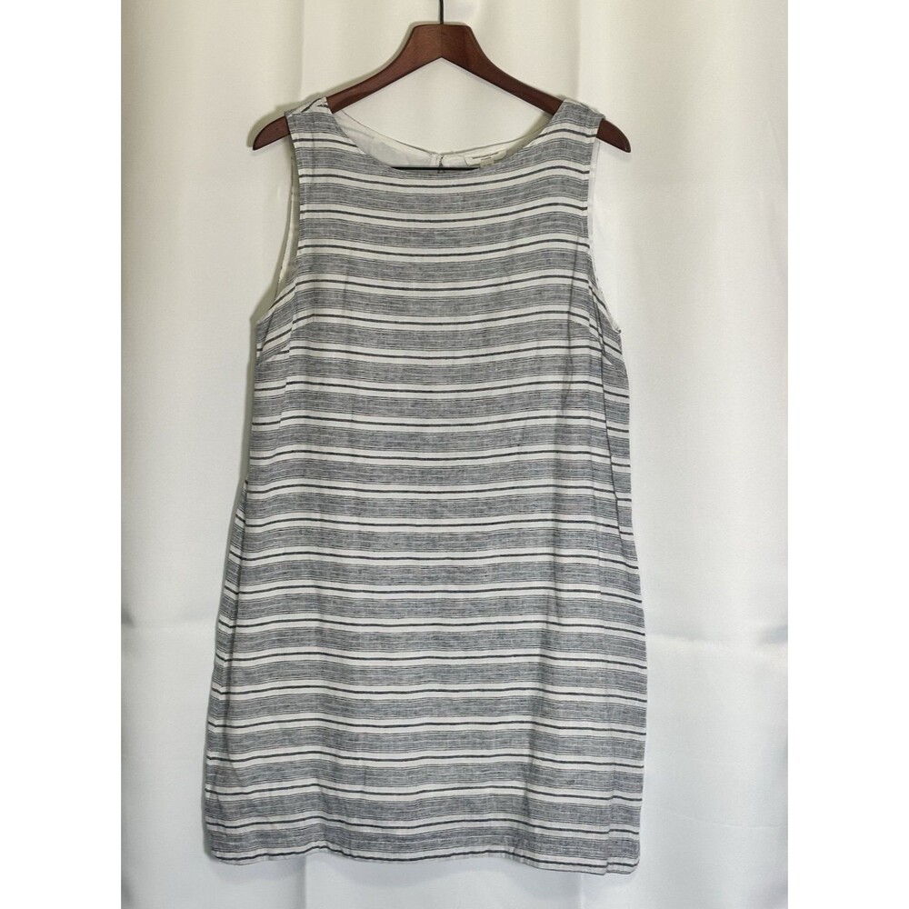 Beach Lunch Lounge Linen Cotton Blend Sleeveless Striped Shift Dress Lined Large